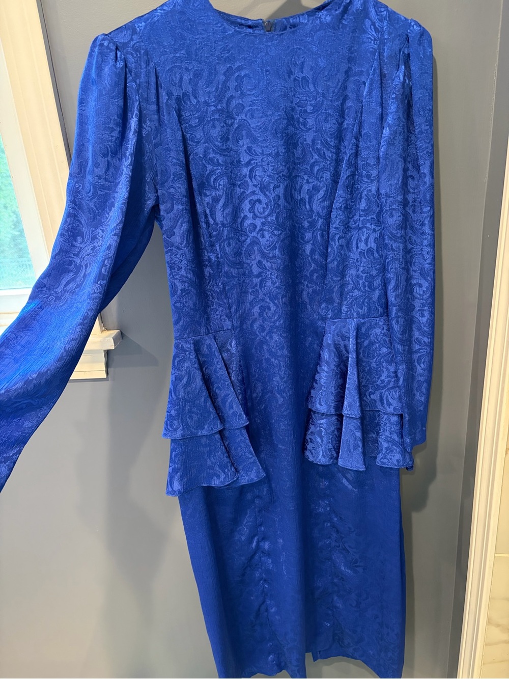 Norma Vee vintage Blue Floral Jacquard Peplum Long Sleeve Midi Dress Size M